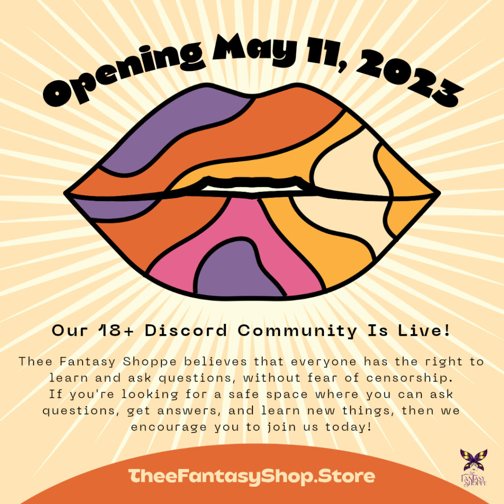 Image of colorful lips with text announcing Thee Fantasy Shoppe Discord community opening.