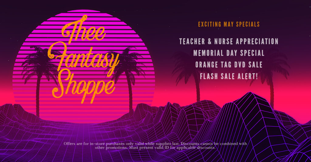 sunset at beach with text thee fantasy shoppe may promotions