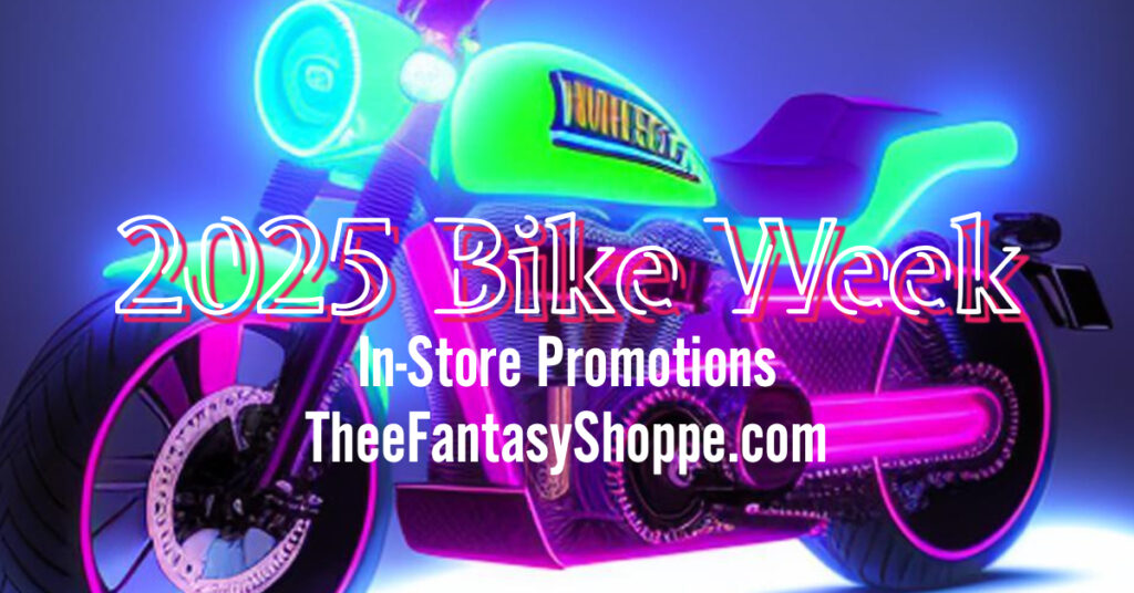 image on a neon bike with text promoting in-store promotions for thee fantasy shoppe