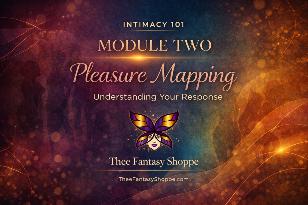 Intimacy 101 Module 2 Pleasure Mapping title card with butterfly logo from Thee Fantasy Shoppe Daytona Beach