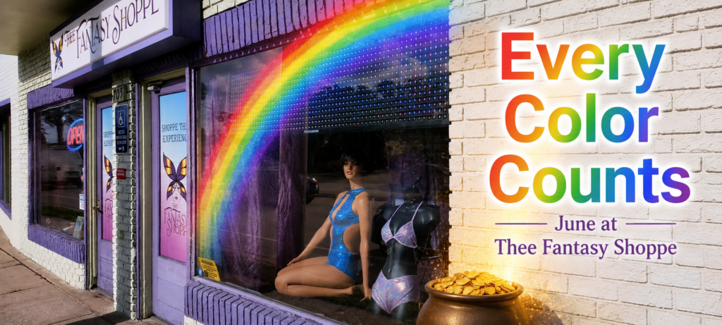 adult toy storefront with rainbow and a pot of gold for pride month in june