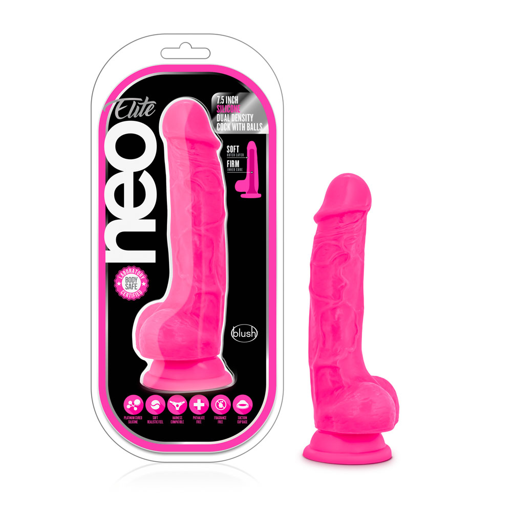 Neo Elite - 7.5 Inch Silicone Dual Density Cock With Balls - Neon Pink