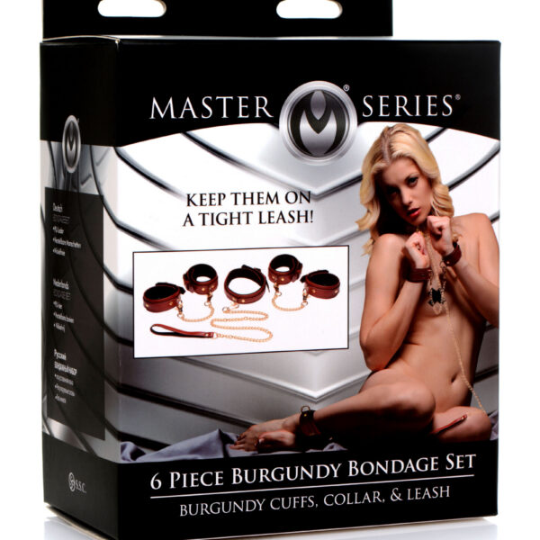 6 Piece Burgundy Bondage Set Burgundy Cuffs,  Collar and Leash