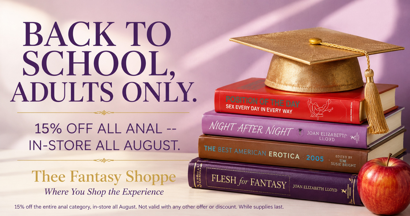 Bright flat-lay of books, a graduation cap and apple in purple and gold for Thee Fantasy Shoppe.