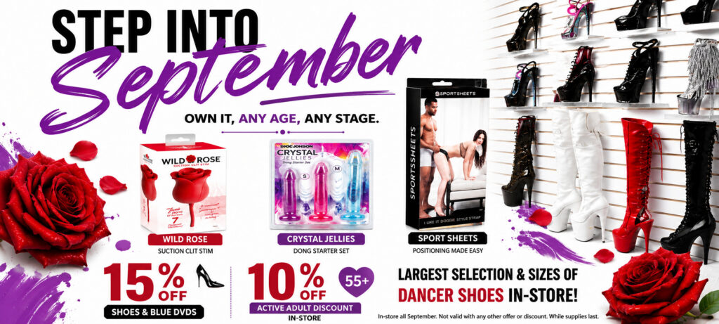 Step Into September promotion at Thee Fantasy Shoppe featuring dancer shoes, staff-recommended products, 15% off Shoes and Blue DVDs, and 10% off for adults 55+.