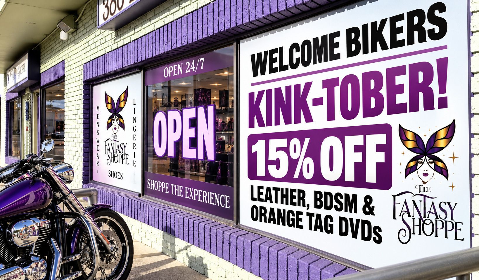 Welcome bikers to Thee Fantasy Shoppe in Daytona Beach for Kink-tober: 15% off leather, BDSM and orange tag DVDs.